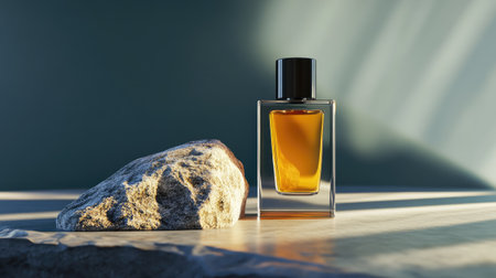 Minimalist perfume bottle with soft shadows, placed on textured rock, high-end luxury aesthetic with a clean backgroundの素材