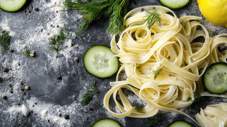 Minimalist spring salad scene featuring pasta, cucumber and dill, neutral tones and clean layout for text placementの素材