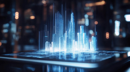 A futuristic property development interface with a glowing smart city hologram floating above a tablet.の素材
