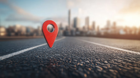D close-up of a bright red location pin resting on a futuristic asphalt road, pointing towards an ultra-modern skyline, navigation conceptの素材