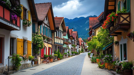 A narrow Bavarian village street, quaint homes with colorful shutters, leading towards the majestic Bavarian Alpsの素材