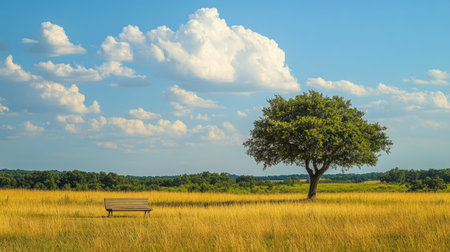 A peaceful open field with a single tree and a round bench, a perfect spot for relaxation in natureの素材