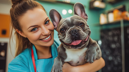 A caring female groomer holding a French Bulldog in her arms, preparing for a pet grooming sessionの素材