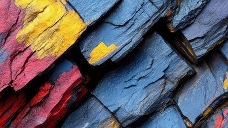 Abstract geological stone formations in bright blue, red, and yellow hues, textured wallpaper with natural detailsの素材