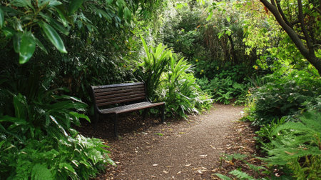 A quiet reading spot with a bench in Edinburgh's Royal Botanic Garden, surrounded by vibrant greeneryの素材