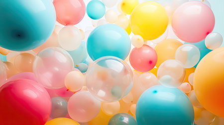 Abstract and modern arrangement of translucent balloons in bright colors, isolated for creative party visualsの素材