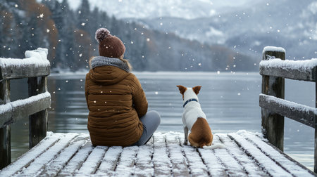 A young woman and her terrier sitting on a lakeside dock in winter, their footprints in the light dusting of snow on the wood.の素材