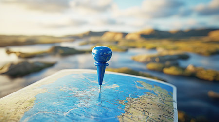 A single blue push-pin piercing a colorful road map, symbolizing an upcoming trip, travel navigation, and itinerary planning, D renderingの素材