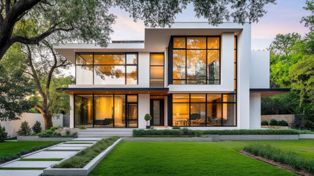 Modern European house with a minimalist facade, featuring clean lines, large windows, and a landscaped front yard, showcasing contemporary architectureの素材