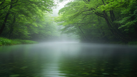 Mist rising above the Oirase River, with a soft current flowing through the dense verdant forest of Aomori, Japan.の素材