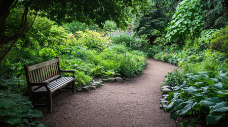A quiet reading spot with a bench in Edinburgh's Royal Botanic Garden, surrounded by vibrant greeneryの素材