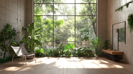 Modern eco-office in industrial design with wooden flooring and greenery, big window framing a natural outdoor viewの素材