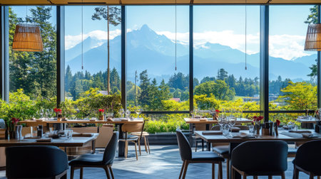 Modern caf with large glass windows revealing stunning mountain views and warm natural sunlightの素材