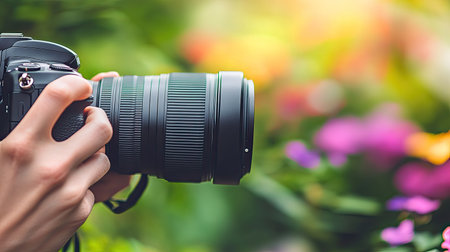 A photographer's hand grabbing a camera cap, fingers gently pressing the sides to remove it from the lens.の素材