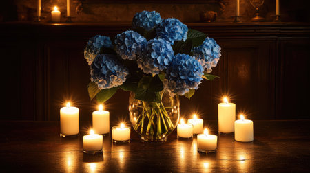 A romantic bouquet of blue hydrangeas in a glass vase, surrounded by lit candles on a dark wooden dining table.の素材