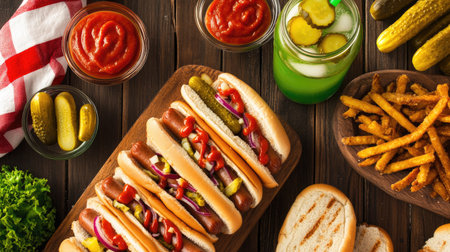 A picnic table set up with homemade hot dogs, crispy onions, pickles, and a refreshing summer drink.の素材