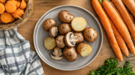 A plate of Capital Salad surrounded by fresh ingredients like mushrooms, potatoes, and carrots, highlighting its wholesome composition.の素材