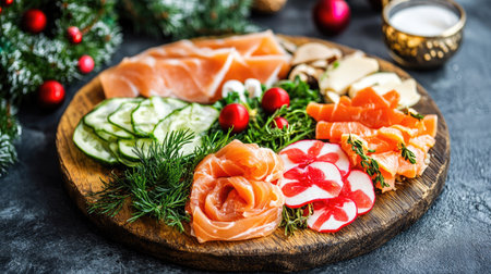 A rustic wooden platter with Olivier salad, fresh ingredients, and a Christmas wreath in the background.の素材