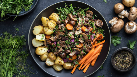 A plate of Capital Salad surrounded by fresh ingredients like mushrooms, potatoes, and carrots, highlighting its wholesome composition.の素材