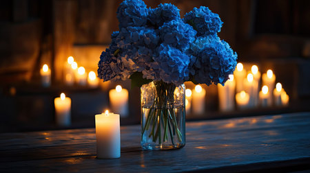 A romantic bouquet of blue hydrangeas in a glass vase, surrounded by lit candles on a dark wooden dining table.の素材