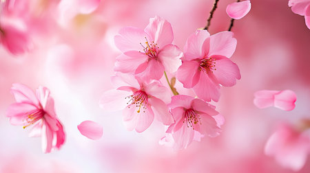A soft-focus background of pink sakura blossoms, with delicate petals falling in the warm spring breeze.の素材