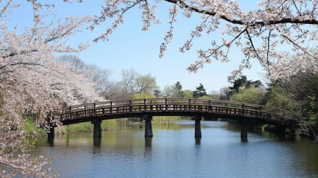 A rustic wooden bridge spanning the Funakawa River, surrounded by blooming cherry trees in mid-April.の素材
