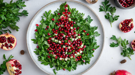 A plate of Olivier salad shaped into a festive Christmas tree design, decorated with pomegranate seeds and fresh parsley.の素材