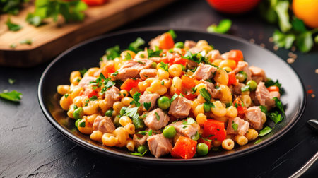 A plate of homemade macaroni salad with tuna and vibrant vegetables, with a wooden cutting board in the background.の素材