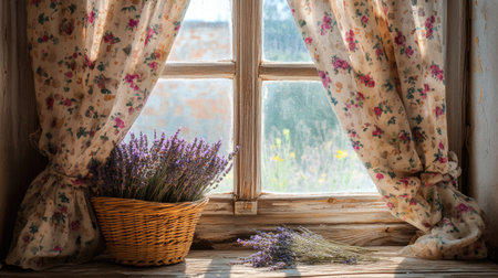 A rustic windowsill with floral curtains, a wicker basket of dried lavender, and a nostalgic atmosphere.の素材