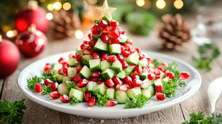 A plate of Olivier salad shaped into a festive Christmas tree design, decorated with pomegranate seeds and fresh parsley.の素材