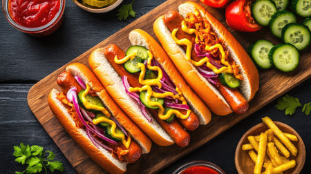 A top-down view of homemade hot dogs with crispy onions and pickled cucumbers, served on a wooden board with condiments.の素材