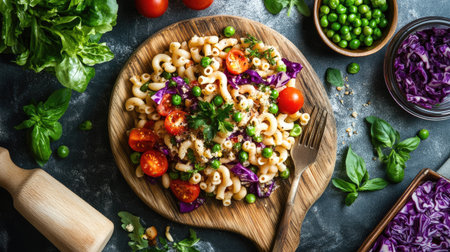 A rustic-style presentation of macaroni salad, surrounded by fresh ingredients like purple cabbage, tomatoes, and green peas.の素材