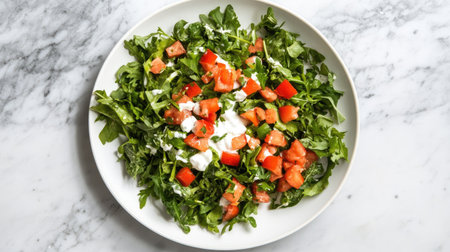 A simple and clean Capital Salad presentation, served on a white plate with a drizzle of vegan mayo and a side of fresh greens.の素材