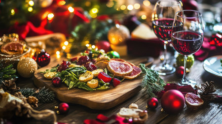 A rustic wooden serving board with Olivier salad, surrounded by holiday-themed decorations, twinkling lights, and Christmas ornaments.の素材