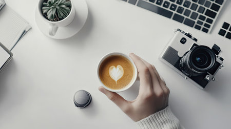 A photographer's hand reaching for a camera cap beside a cup of coffee on a workstation.の素材