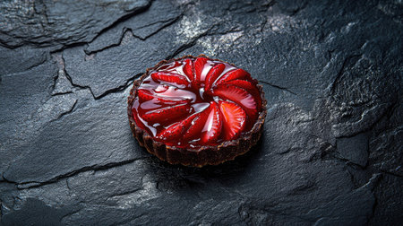 A round strawberry tart with a crispy crust and glossy glaze, elegantly arranged on a dark textured surface for a dramatic effect.の素材