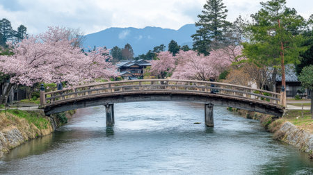 A rustic wooden bridge spanning the Funakawa River, surrounded by blooming cherry trees in mid-April.の素材