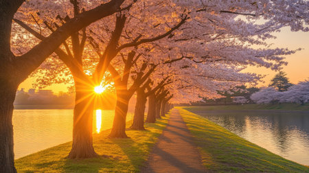 A row of perfectly aligned cherry blossom trees in Fukushima, Japan, glowing in the golden late April sunset.の素材