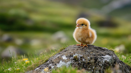 A small Silkie chick standing on a rock in a green field, surveying its peaceful countryside surroundings.の素材