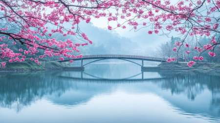 A tranquil spring morning at Hikichi Bridge, framed by delicate pink peach flowers, reflecting in the calm river waters below.の素材