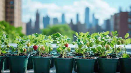 A sunny balcony garden featuring strawberry seedlings in neat rows of biodegradable planters, with a city skyline in the background.の素材
