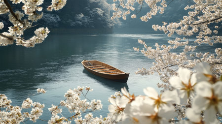 A rowboat drifting peacefully along the Funakawa River, framed by cherry blossoms in full bloom during mid-April.の素材