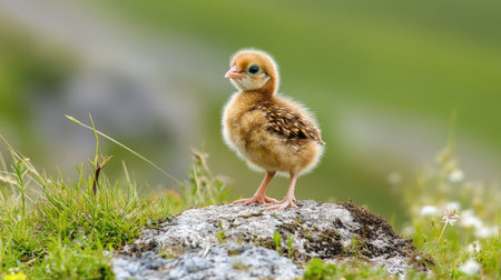 A small Silkie chick standing on a rock in a green field, surveying its peaceful countryside surroundings.の素材