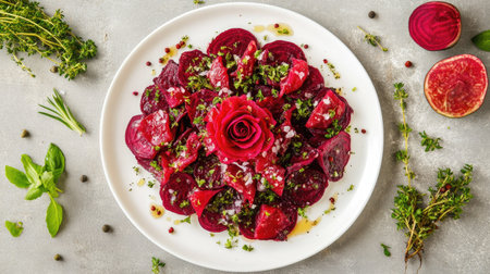 A stunning beet salad with pancake rose decorations, carefully arranged into the shape of a floral bouquet, flat lay photoの素材