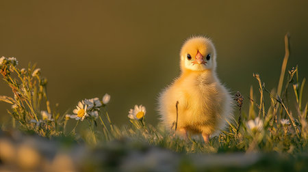 A Silkie chick curiously looking at the camera, standing in a meadow filled with warm golden light.の素材