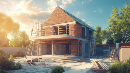 A two-story house with modern design under construction, brickwork partially complete, construction tools and ladders nearbyの素材