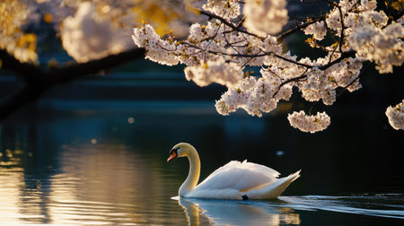 A swan gliding gracefully along the Funakawa River, surrounded by the gentle beauty of cherry blossoms in full bloom.の素材