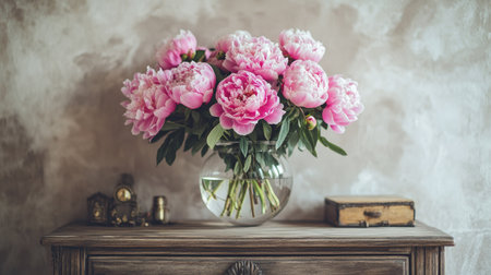 A stunning floral arrangement of pink peonies in a clear vase, placed on a classic wooden dresser with vintage trinkets.の素材