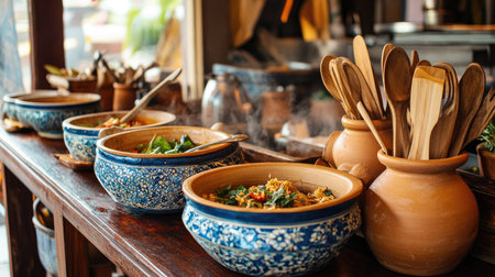 A vintage-style Lanna kitchen with clay pots and wooden utensils, featuring Khao Soi being cooked in a traditional settingの素材