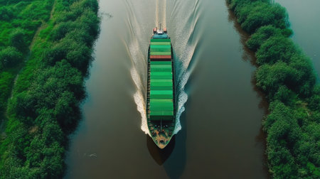 Aerial perspective of a cargo ship navigating a trade route, essential export-import business logisticsの素材